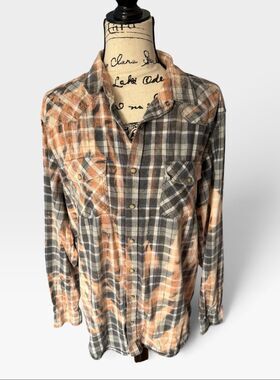 Franklin Flannels Mens Large Upcycled Bleached Plaid Western Snap Shirt Grunge